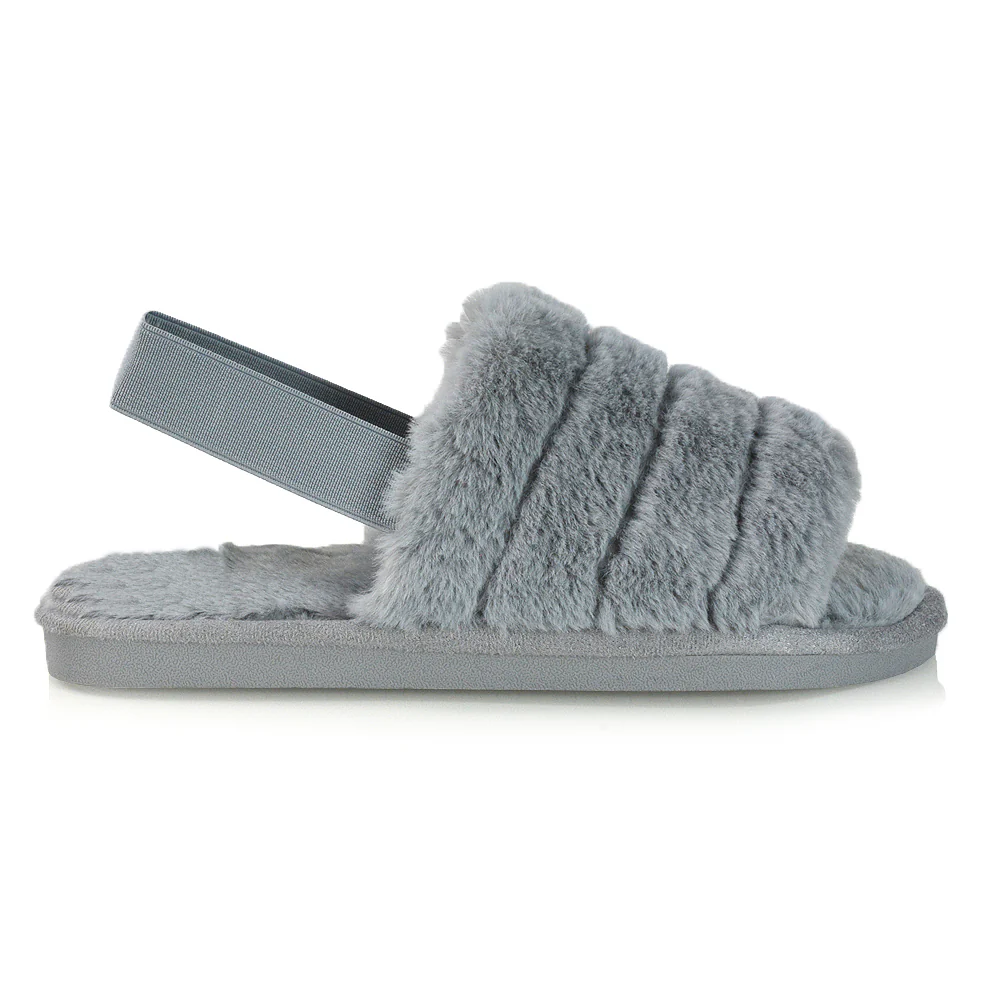 Lana Faux Fur Sling Back Ribbed Strappy Soft Cosy Fluffy Slippers in Grey - Image 3