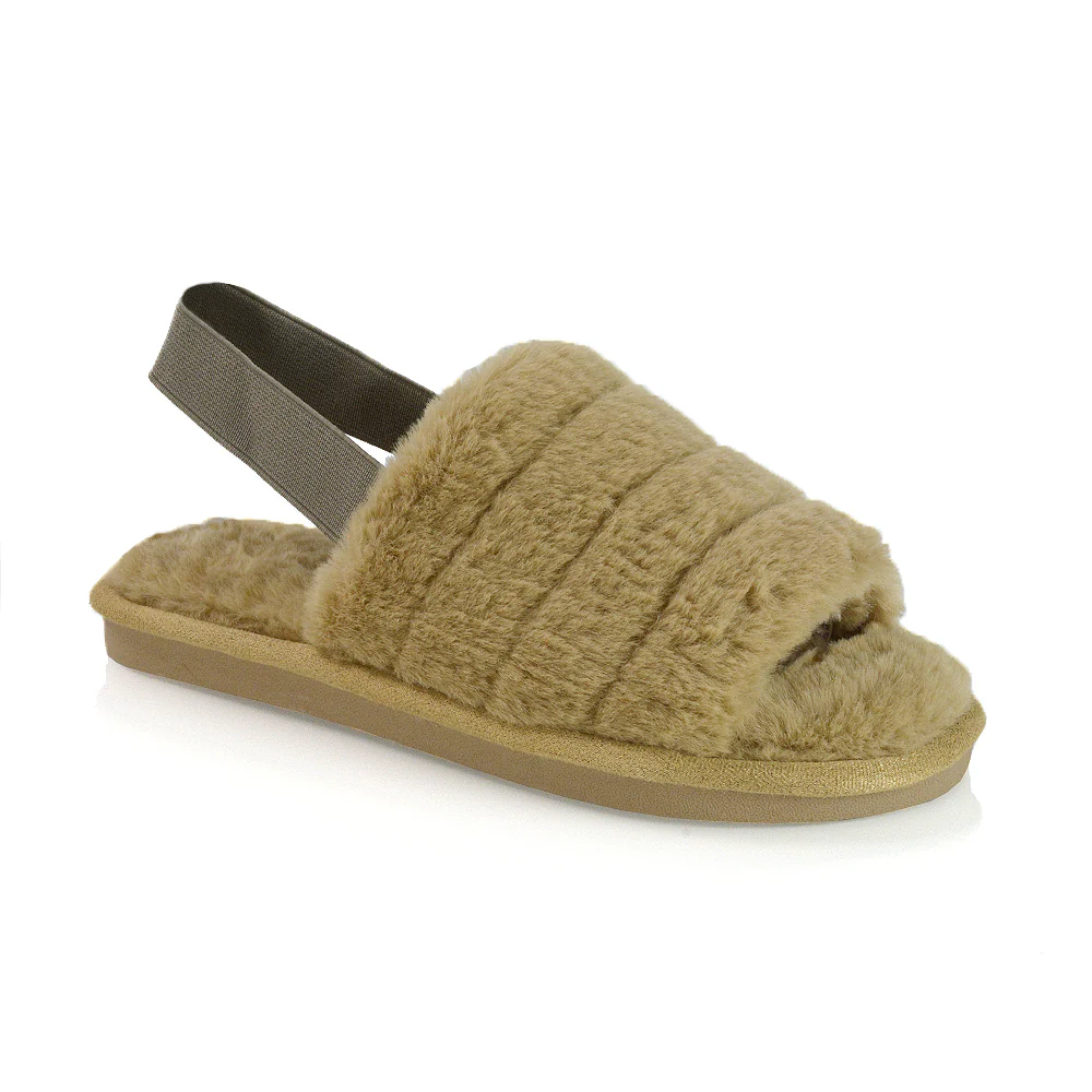 Lana Faux Fur Sling Back Ribbed Strappy Soft Cosy Fluffy Slippers in Grey - Image 32