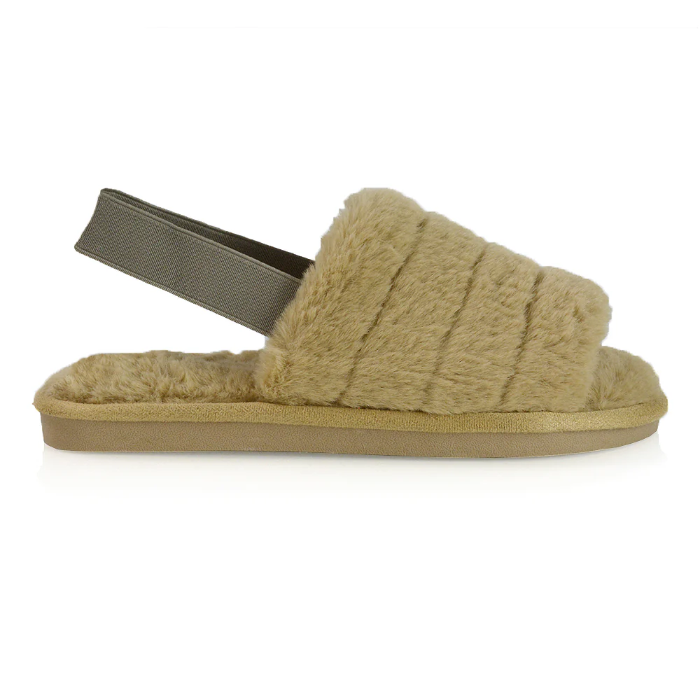 Lana Faux Fur Sling Back Ribbed Strappy Soft Cosy Fluffy Slippers in Grey - Image 33