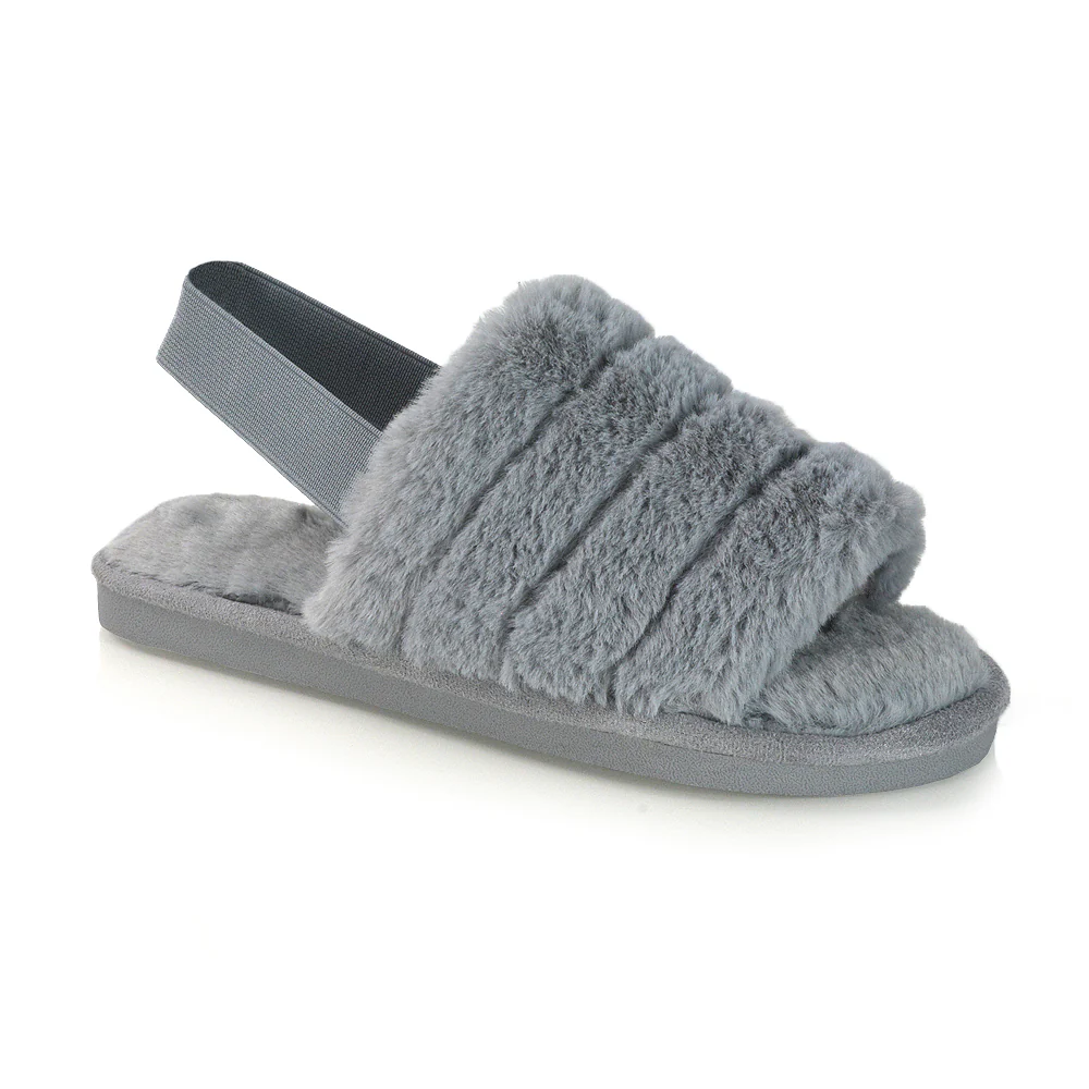 Lana Faux Fur Sling Back Ribbed Strappy Soft Cosy Fluffy Slippers in Nude - Image 14