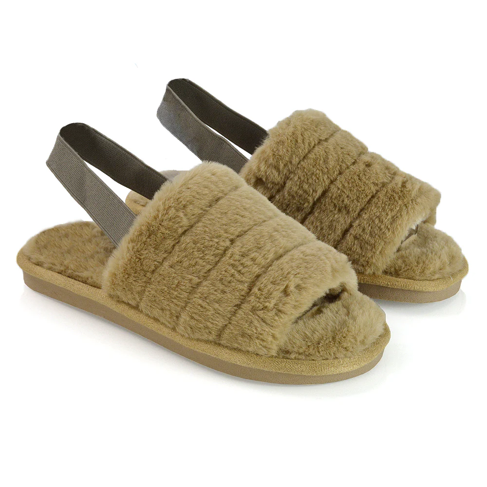 Lana Faux Fur Sling Back Ribbed Strappy Soft Cosy Fluffy Slippers in Nude - Image 31