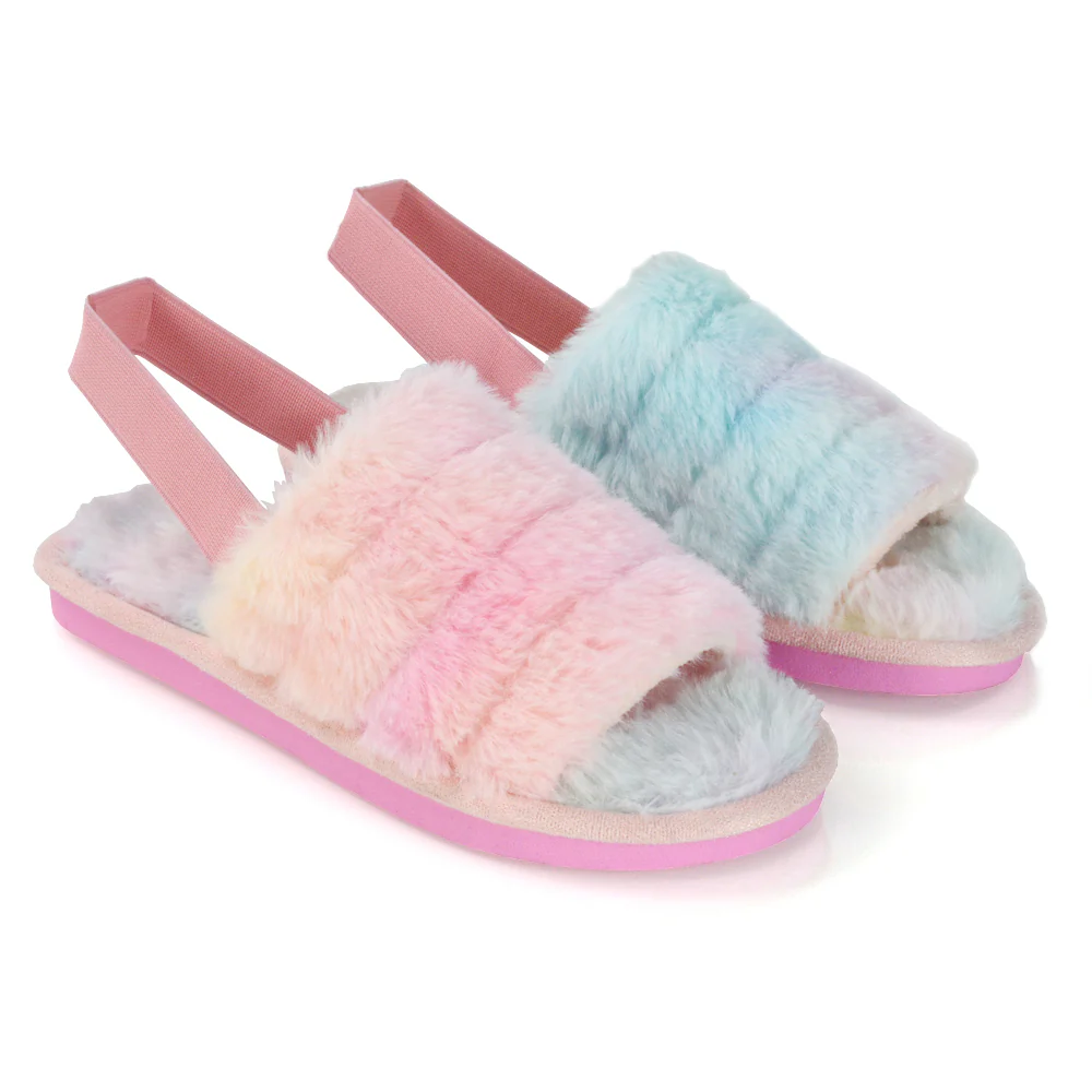 Lana Faux Fur Sling Back Ribbed Strappy Soft Cosy Fluffy Slippers in Nude - Image 43