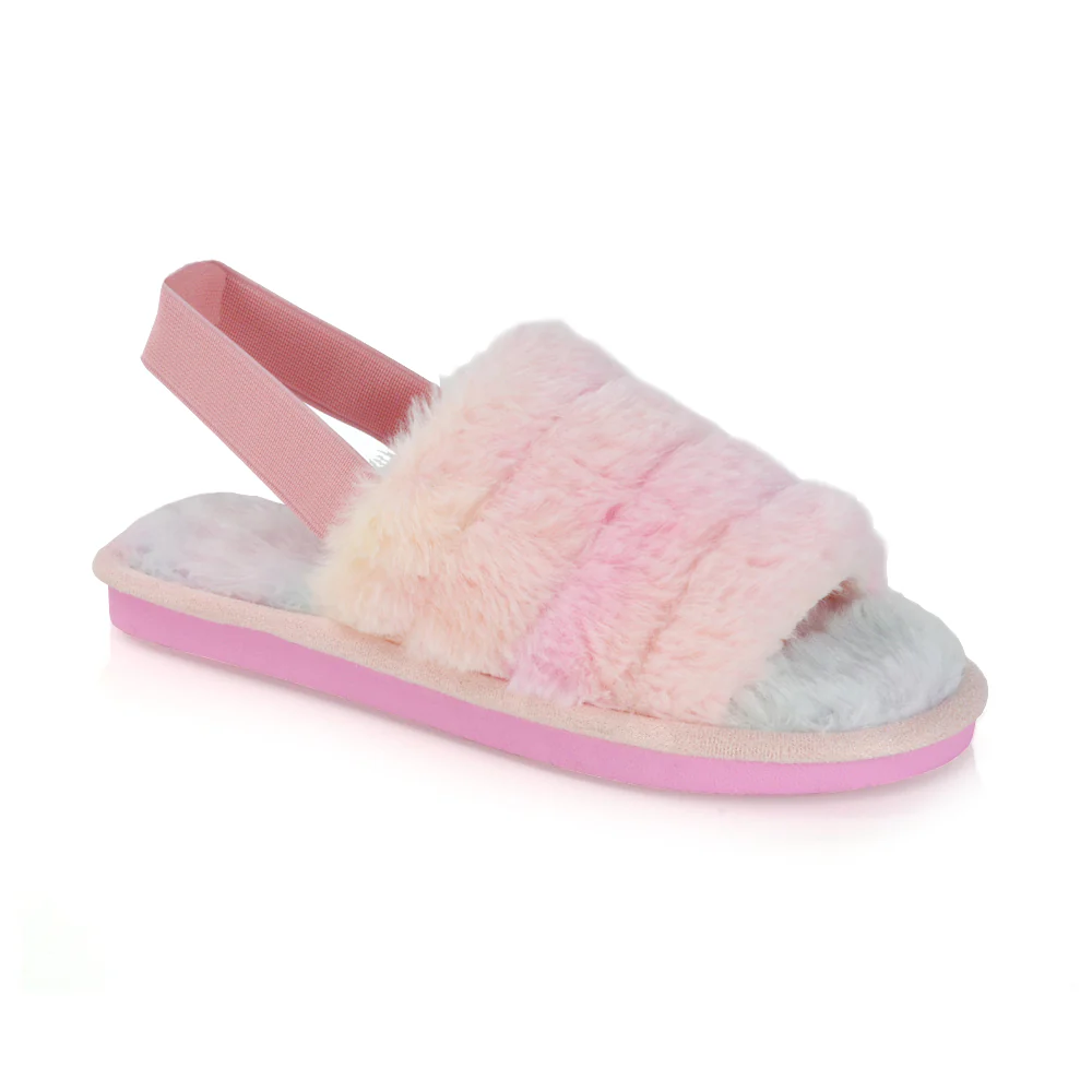 Lana Faux Fur Sling Back Ribbed Strappy Soft Cosy Fluffy Slippers in Nude - Image 44