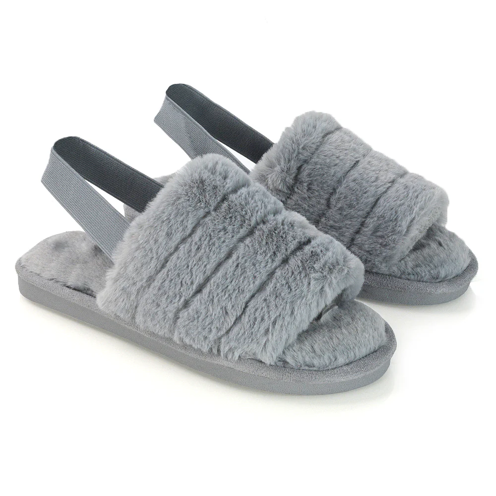 Lana Faux Fur Sling Back Ribbed Strappy Soft Cosy Fluffy Slippers in White - Image 13