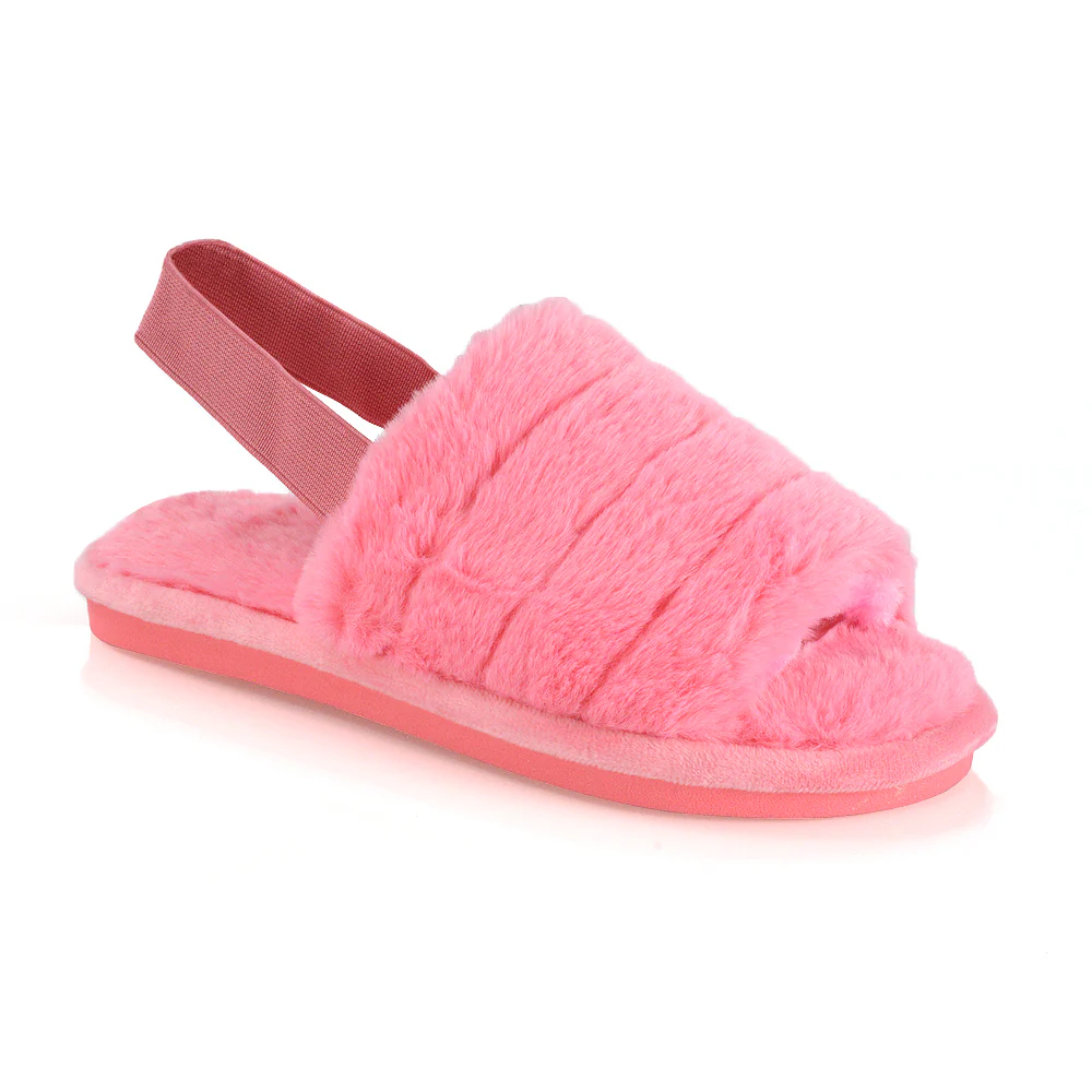 Lana Faux Fur Sling Back Ribbed Strappy Soft Cosy Fluffy Slippers in White - Image 26