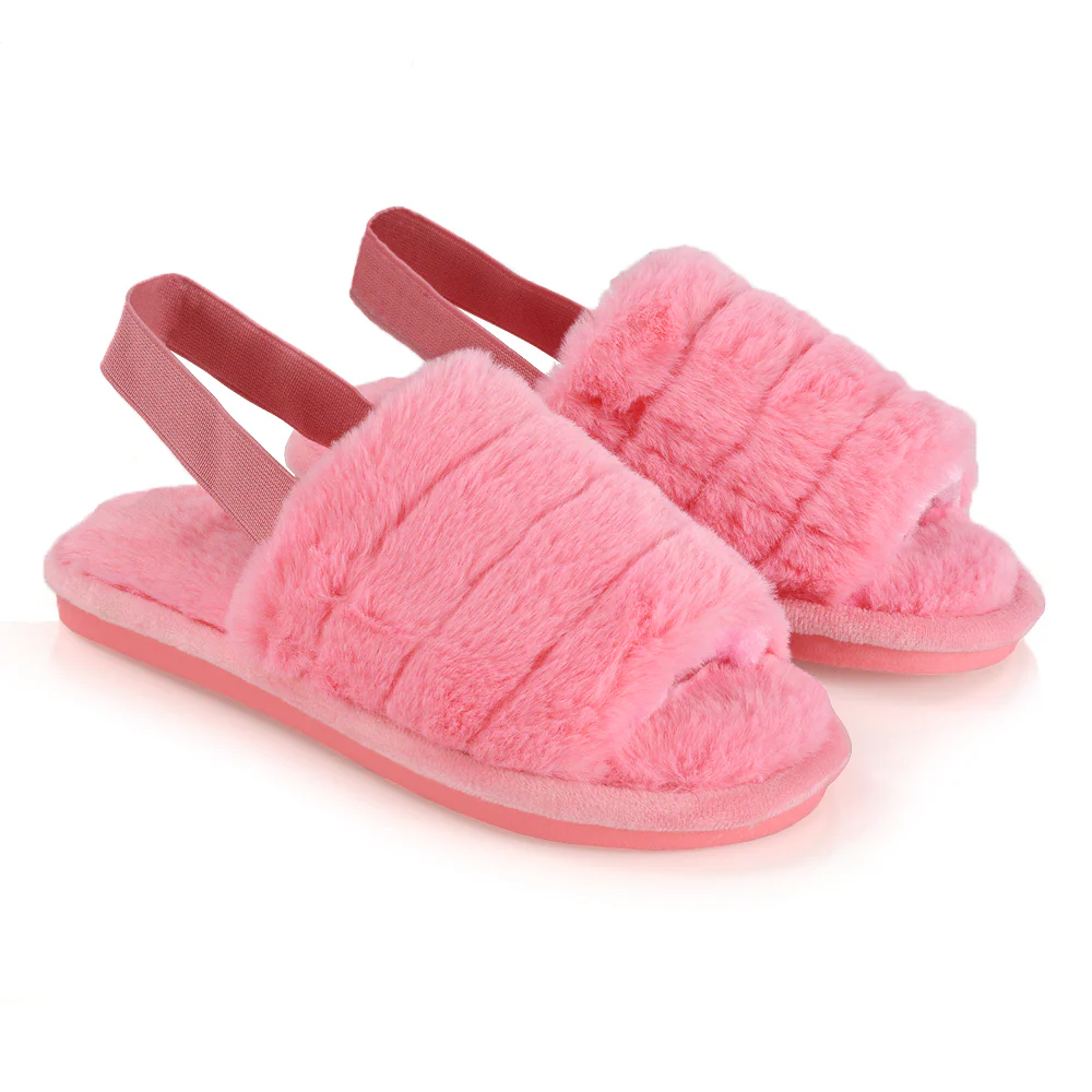 Lana Faux Fur Sling Back Ribbed Strappy Soft Cosy Fluffy Slippers in White - Image 28