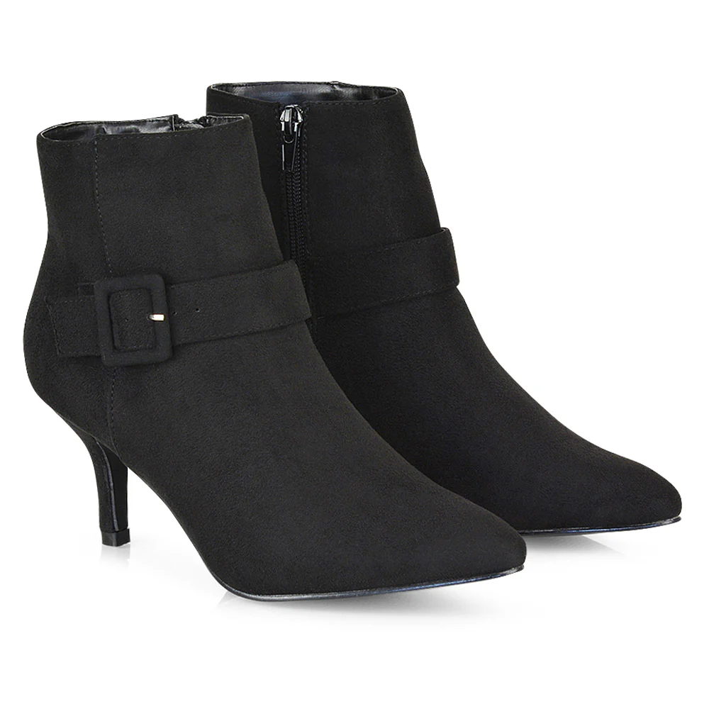 Lara Buckle Detail Pointed Toe Low Stiletto High Heel Ankle Boots In Black Faux Suede - Image 35