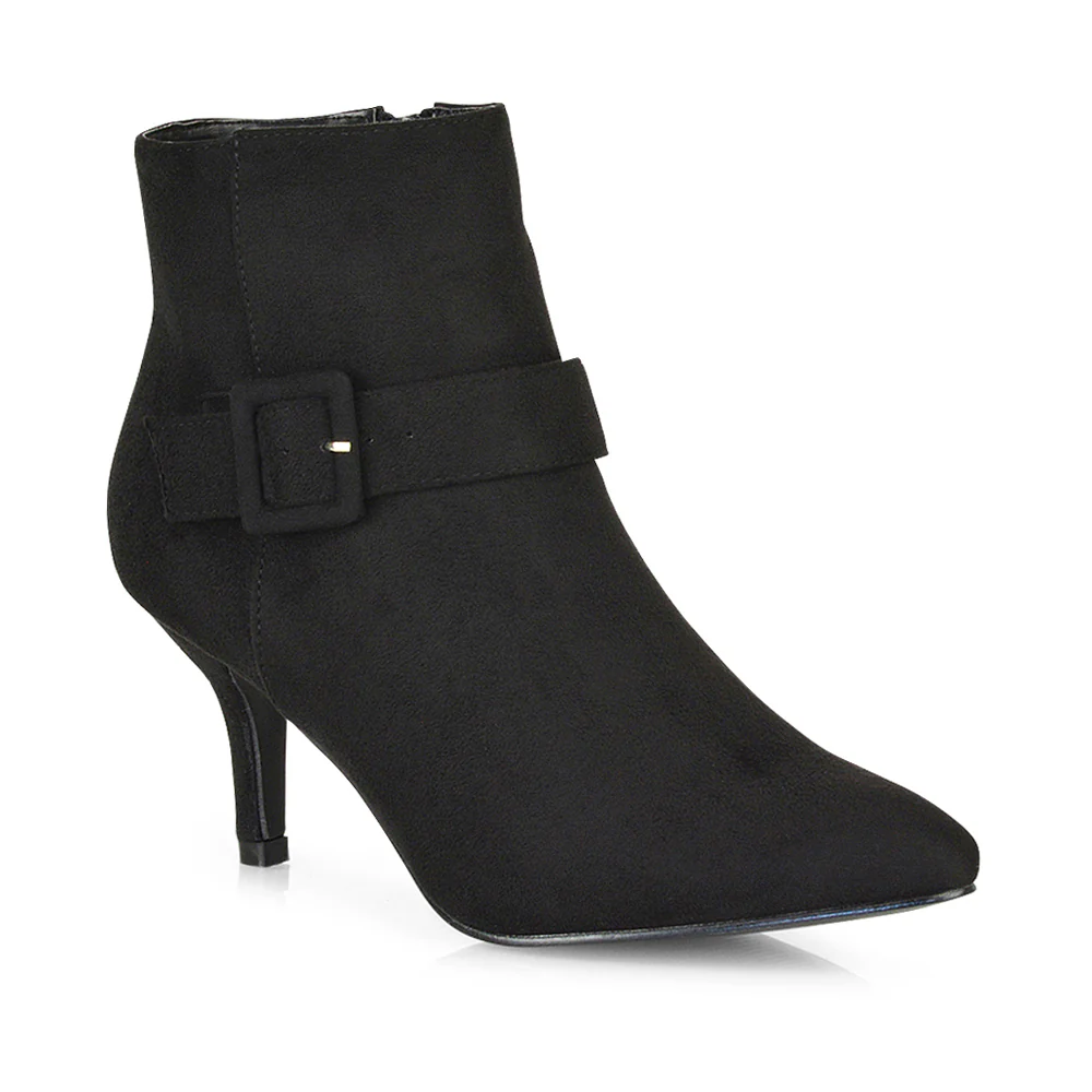 Lara Buckle Detail Pointed Toe Low Stiletto High Heel Ankle Boots In Black PU - Image 40