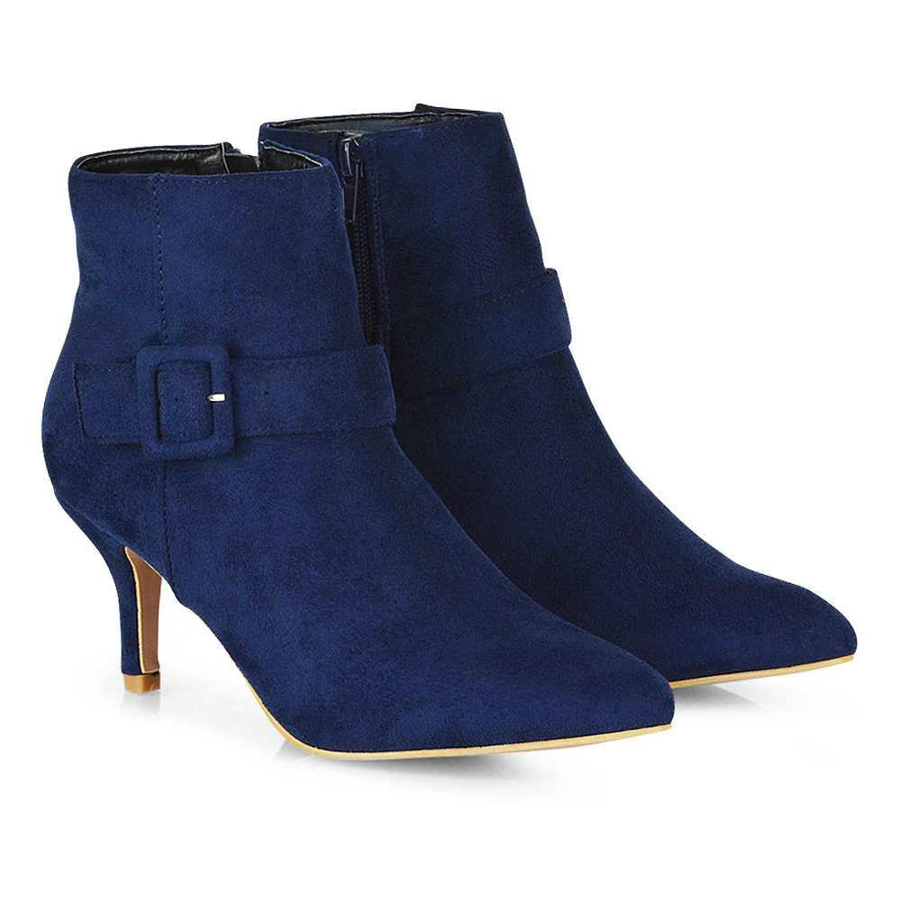 Lara Buckle Detail Pointed Toe Low Stiletto High Heel Ankle Boots In Navy - Image 3