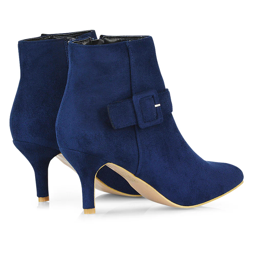 Lara Buckle Detail Pointed Toe Low Stiletto High Heel Ankle Boots In Navy - Image 4