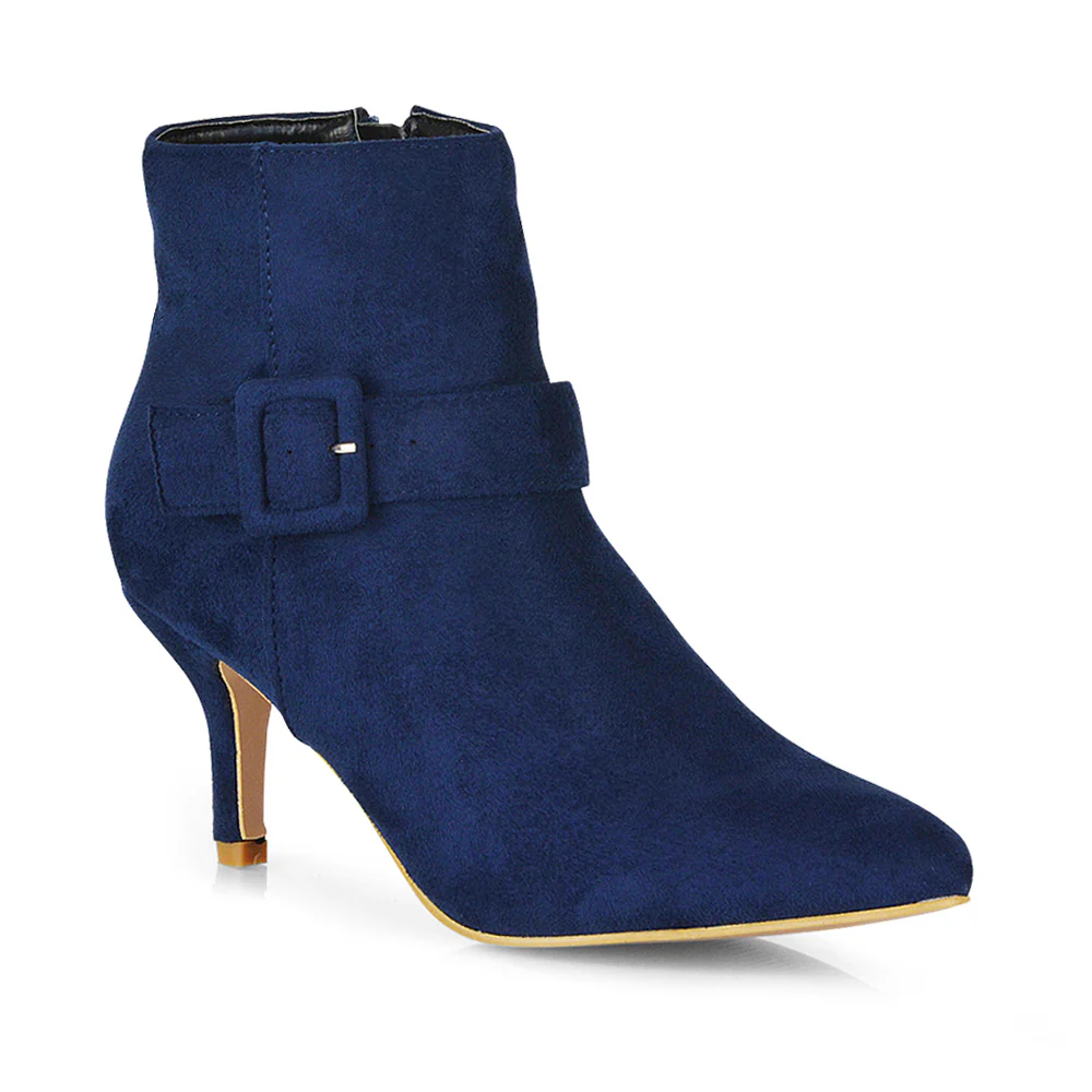 Lara Buckle Detail Pointed Toe Low Stiletto High Heel Ankle Boots In Navy - Image 7