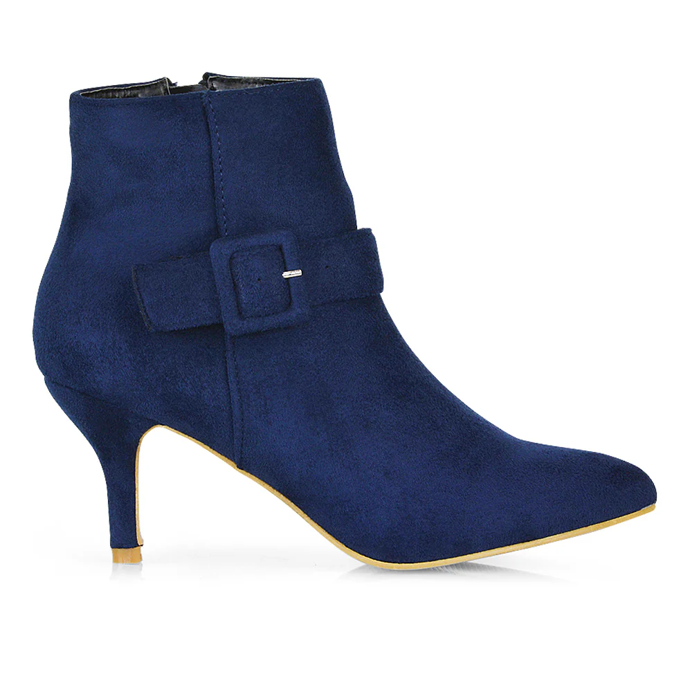 Lara Buckle Detail Pointed Toe Low Stiletto High Heel Ankle Boots In Navy - Image 9