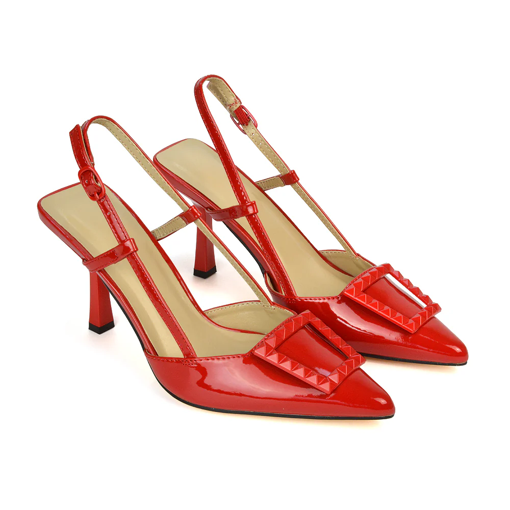Lara Pointed Toe Square Buckle Slingback Stiletto High Heels Court Shoes in Black Patent - Image 11