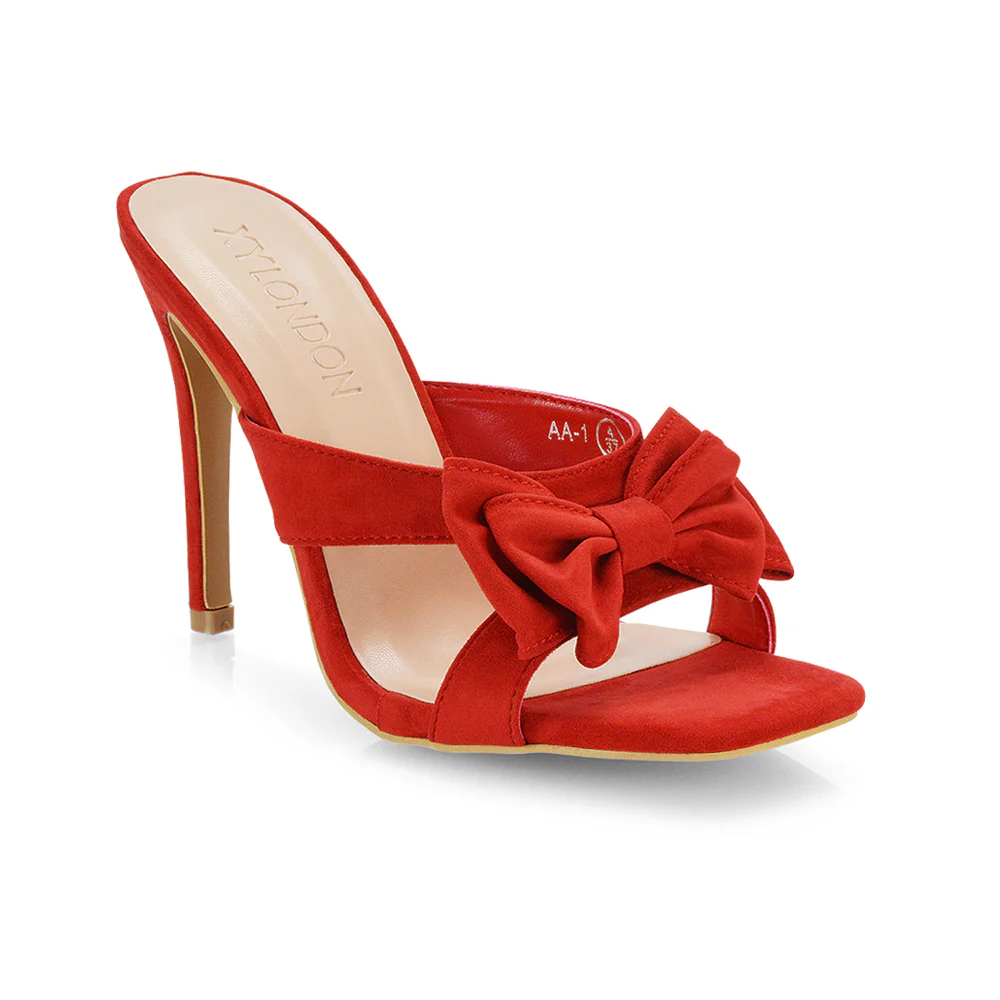 Larsa Bow Detail Square Toe Stiletto Slip on Mule Strappy Sandal Heels in Black - Image 32