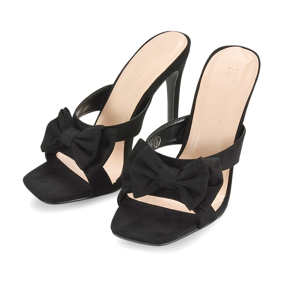 Larsa Bow Detail Square Toe Stiletto Slip on Mule Strappy Sandal Heels in Black - Image 80