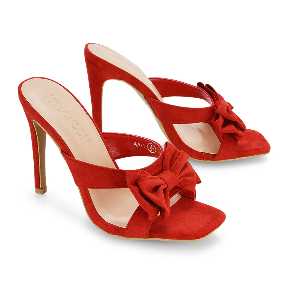Larsa Bow Detail Square Toe Stiletto Slip on Mule Strappy Sandal Heels in Black - Image 9