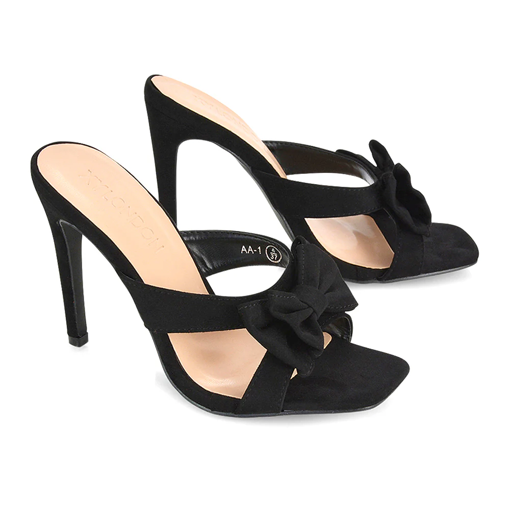 Larsa Bow Detail Square Toe Stiletto Slip on Mule Strappy Sandal Heels in Ivory - Image 106