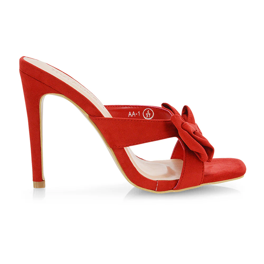 Larsa Bow Detail Square Toe Stiletto Slip on Mule Strappy Sandal Heels in Ivory - Image 26