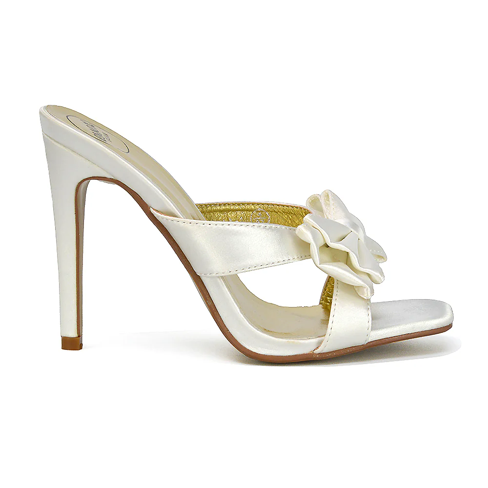 Larsa Bow Detail Square Toe Stiletto Slip on Mule Strappy Sandal Heels in Ivory - Image 83