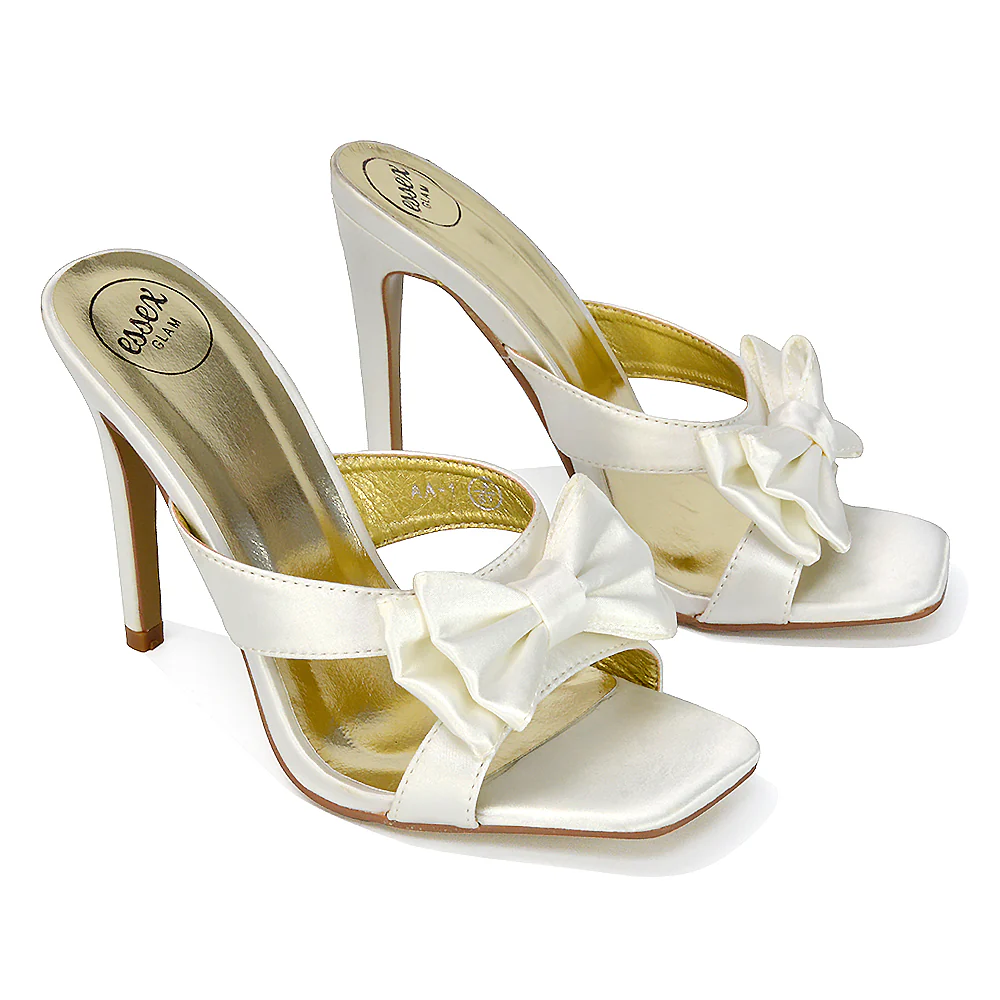 Larsa Bow Detail Square Toe Stiletto Slip on Mule Strappy Sandal Heels in Ivory - Image 89