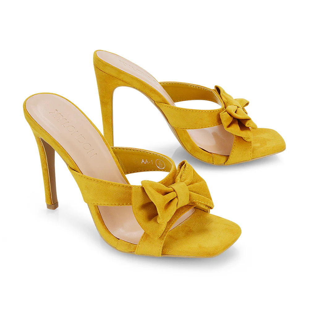 Larsa Bow Detail Square Toe Stiletto Slip on Mule Strappy Sandal Heels in Mustard - Image 3
