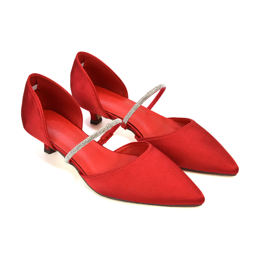 Laura Kitten Heel Diamante Pointed Toe Court Shoes Heels in Red - Image 40