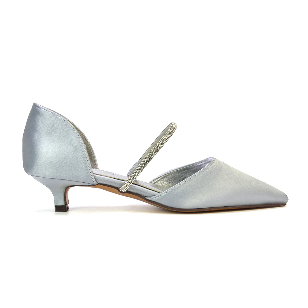 Laura Kitten Heel Diamante Pointed Toe Court Shoes Heels in Silver - Image 79