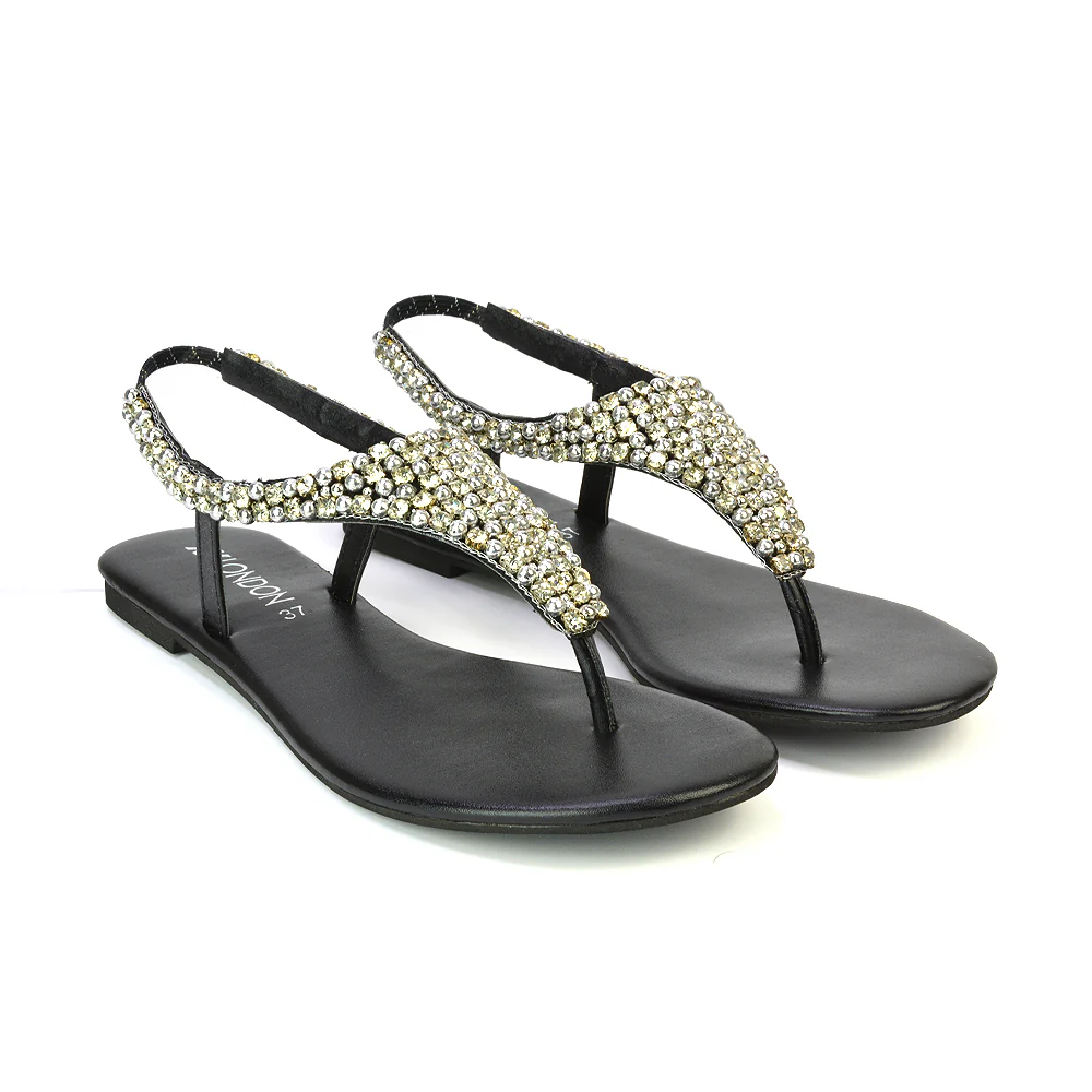 Lauren Diamante Embellished Toe Post Slingback Strap Sparkly Flat Summer Sandals in Black - Image 13