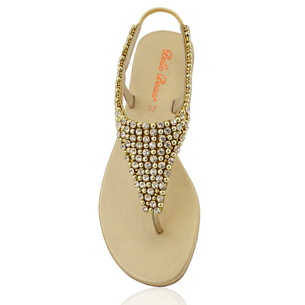 Lauren Diamante Embellished Toe Post Slingback Strap Sparkly Flat Summer Sandals in Gold - Image 15