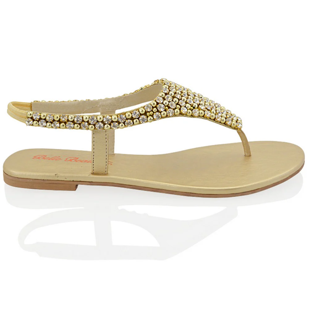 Lauren Diamante Embellished Toe Post Slingback Strap Sparkly Flat Summer Sandals in Gold - Image 5