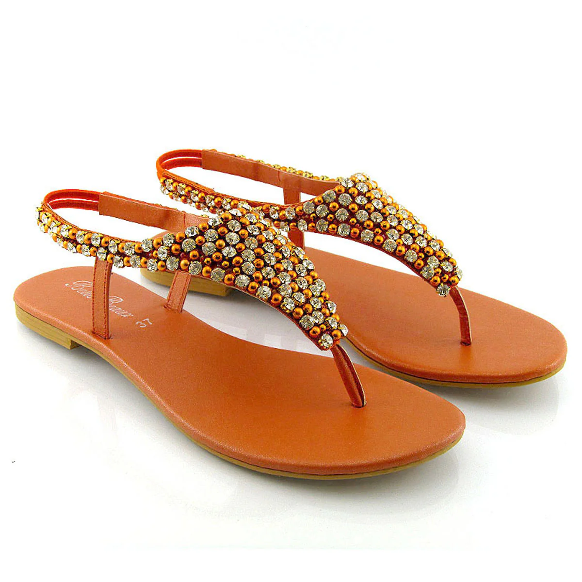 LAUREN DIAMANTE EMBELLISHED TOE POST STRAPPY SLINGBACK SPARKLY FLAT SUMMER SANDALS IN ORANGE - Image 15