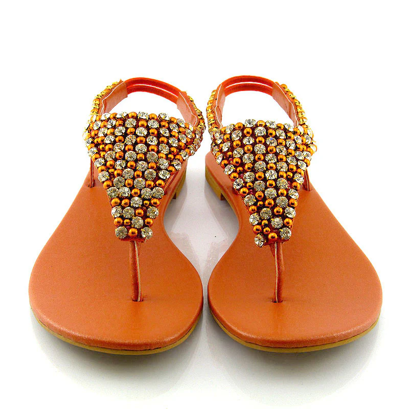 LAUREN DIAMANTE EMBELLISHED TOE POST STRAPPY SLINGBACK SPARKLY FLAT SUMMER SANDALS IN ORANGE - Image 22