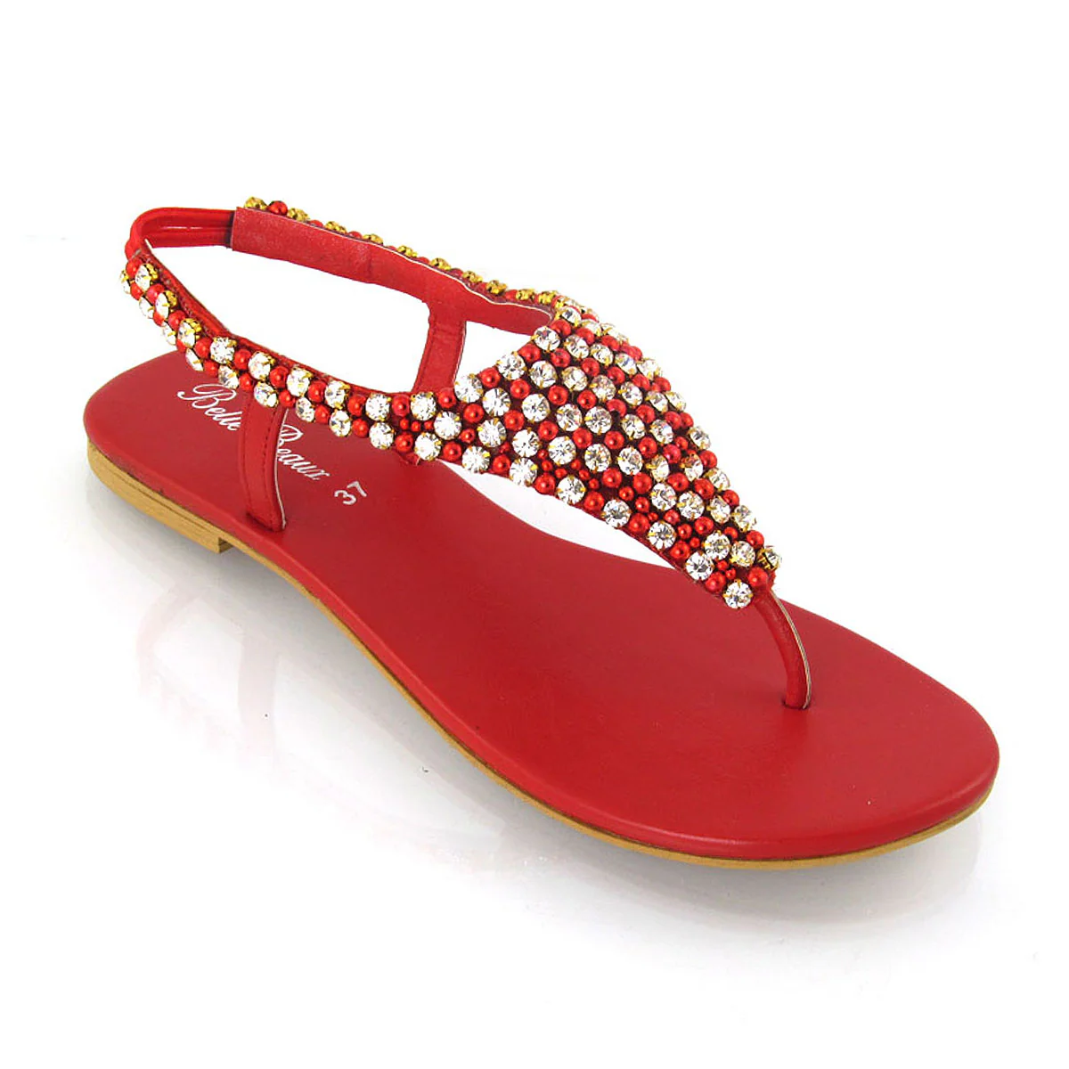 LAUREN DIAMANTE EMBELLISHED TOE POST STRAPPY SLINGBACK SPARKLY FLAT SUMMER SANDALS IN RED - Image 20