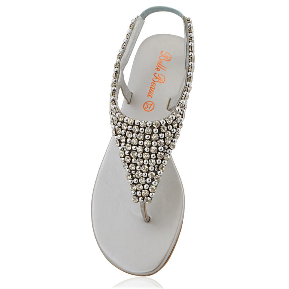 Lauren Diamante Embellished Toe Post Slingback Strap Sparkly Flat Summer Sandals in Silver - Image 12