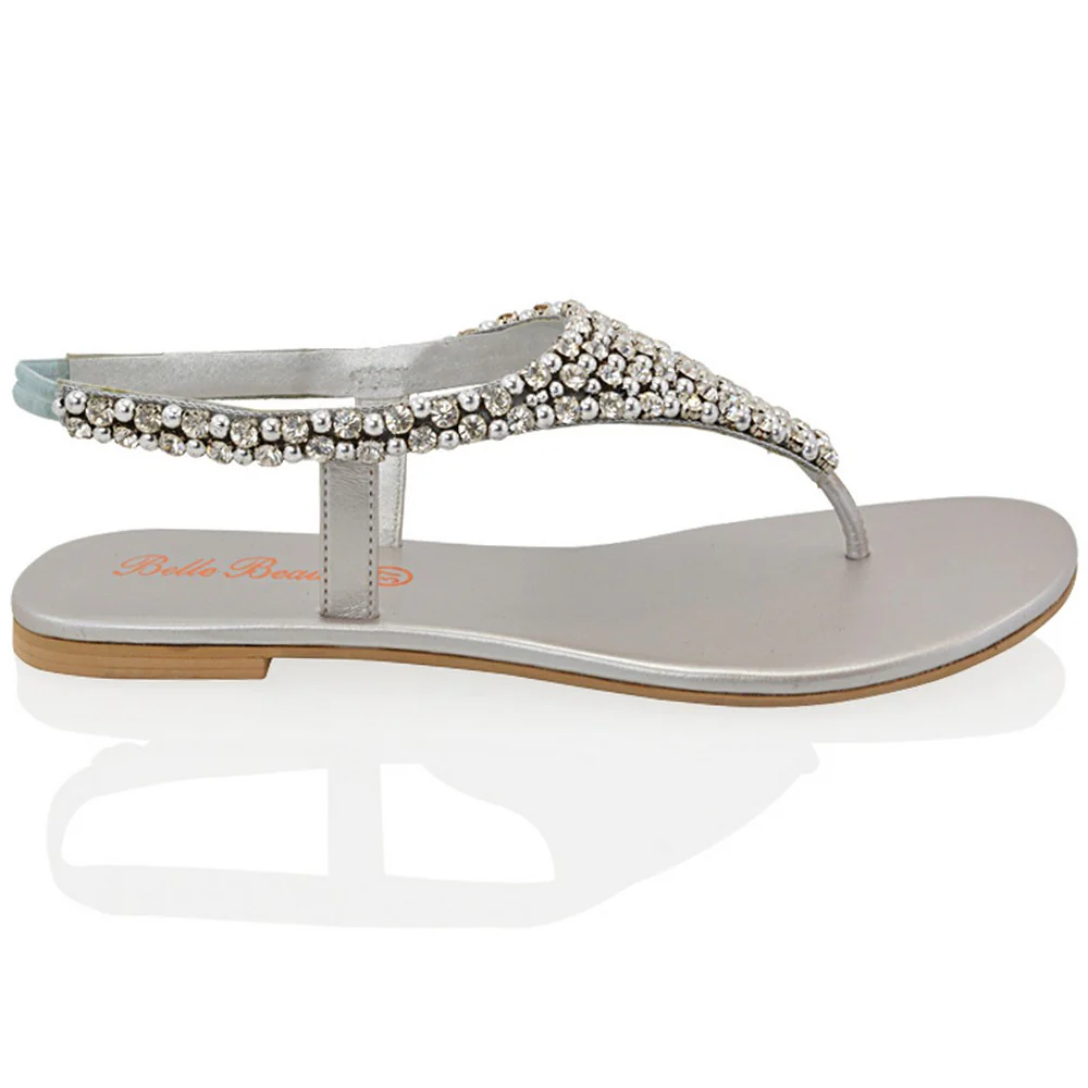 Lauren Diamante Embellished Toe Post Slingback Strap Sparkly Flat Summer Sandals in Silver - Image 23