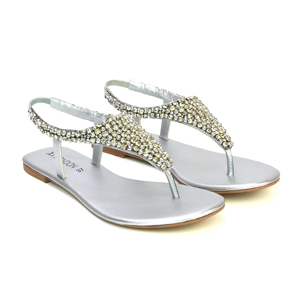 Lauren Diamante Embellished Toe Post Slingback Strap Sparkly Flat Summer Sandals in Silver - Image 25