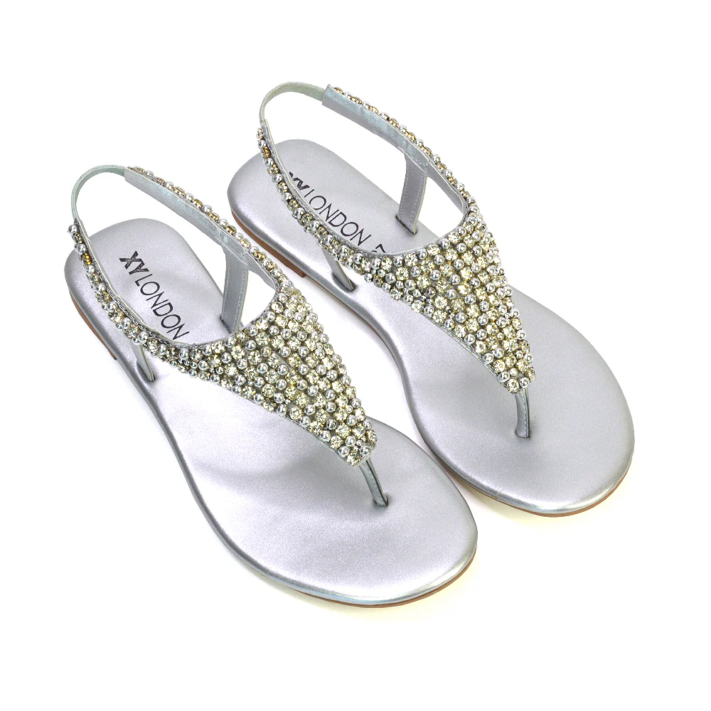 Lauren Diamante Embellished Toe Post Slingback Strap Sparkly Flat Summer Sandals in Silver - Image 26