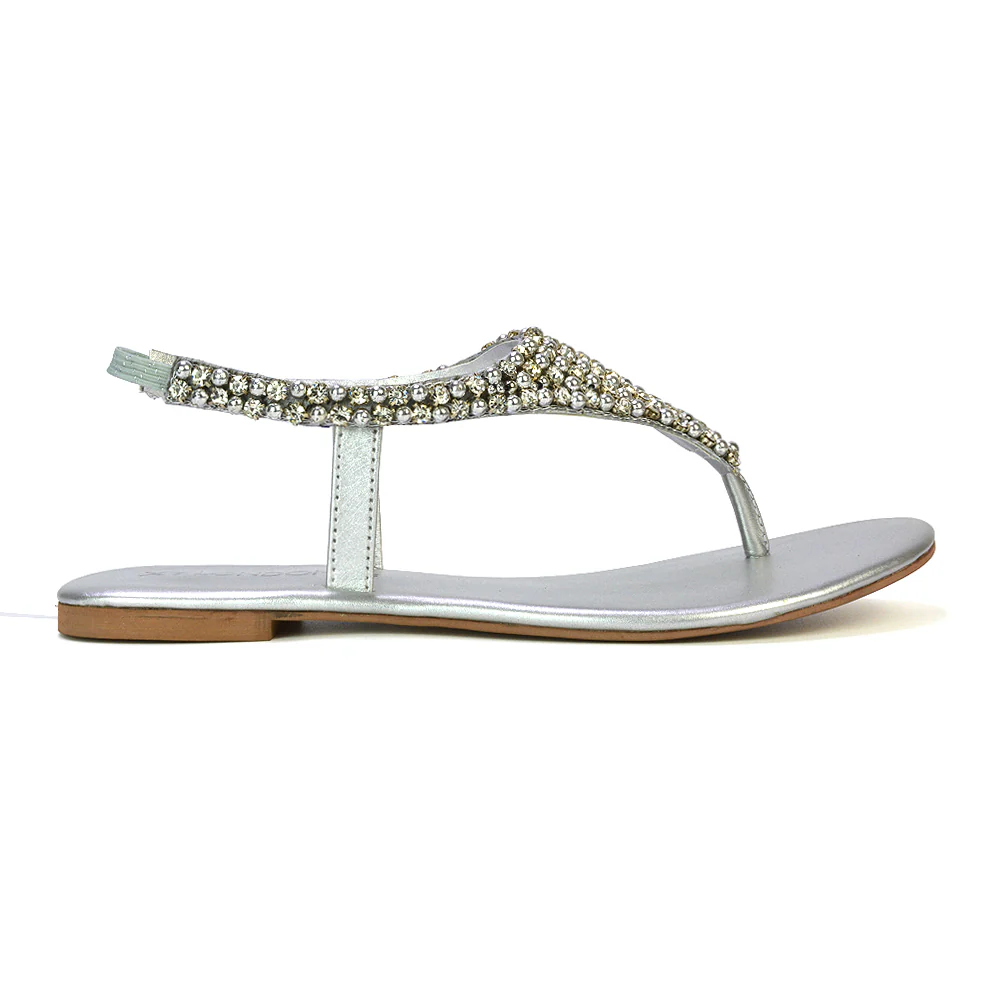 Lauren Diamante Embellished Toe Post Slingback Strap Sparkly Flat Summer Sandals in Silver - Image 27