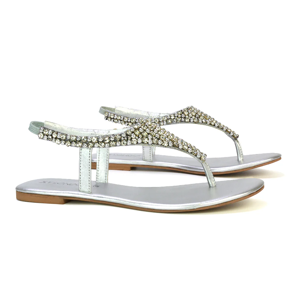 Lauren Diamante Embellished Toe Post Slingback Strap Sparkly Flat Summer Sandals in Silver - Image 28