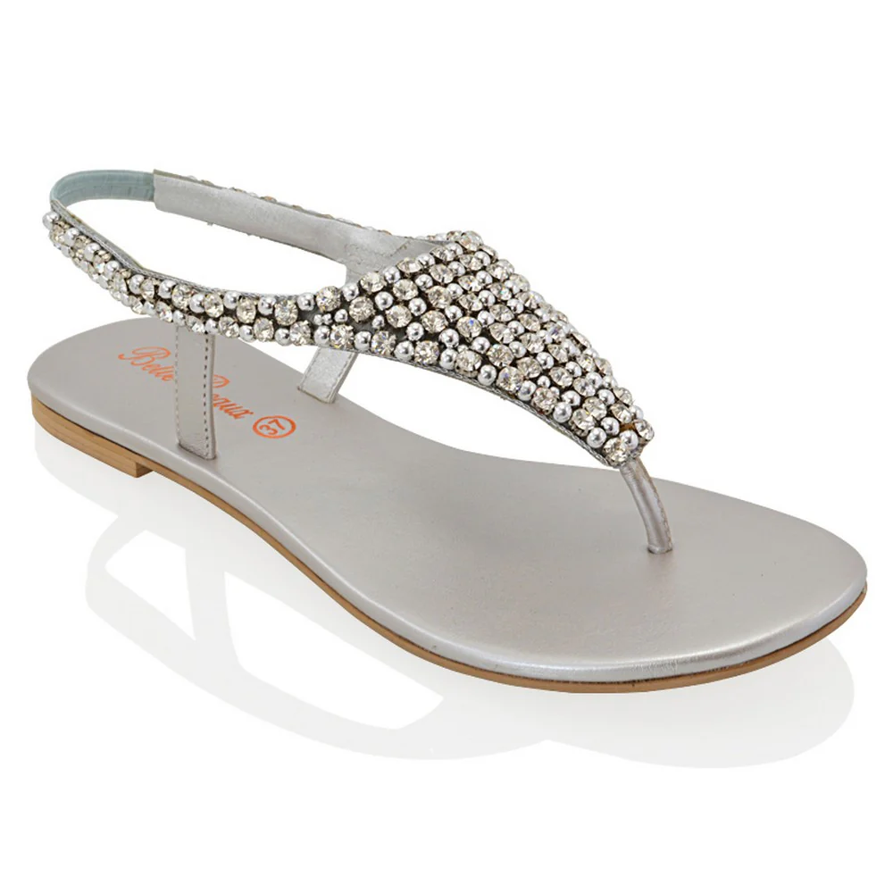 Lauren Diamante Embellished Toe Post Slingback Strap Sparkly Flat Summer Sandals in Silver - Image 7