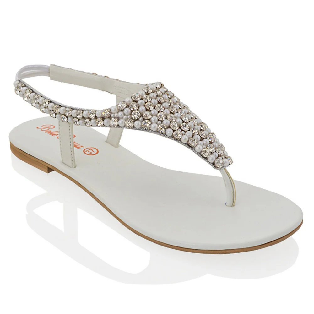 Lauren Diamante Embellished Toe Post Slingback Strap Sparkly Flat Summer Sandals in White - Image 19
