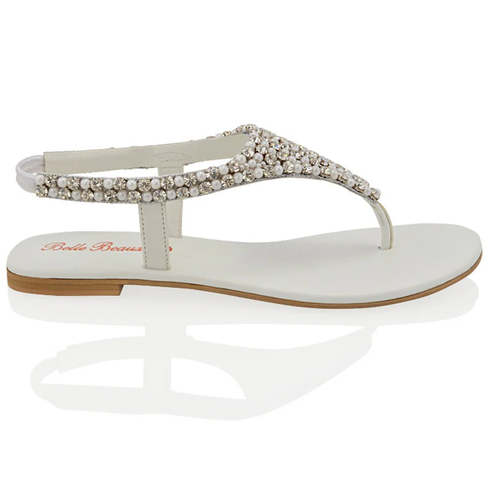 Lauren Diamante Embellished Toe Post Slingback Strap Sparkly Flat Summer Sandals in White - Image 23