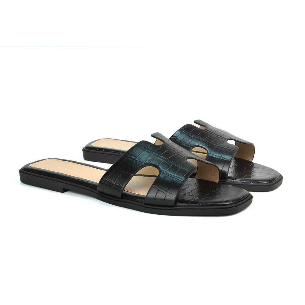 Leanna Cut Out Slip On Flat Sandals Sliders in Black Croc - Image 4
