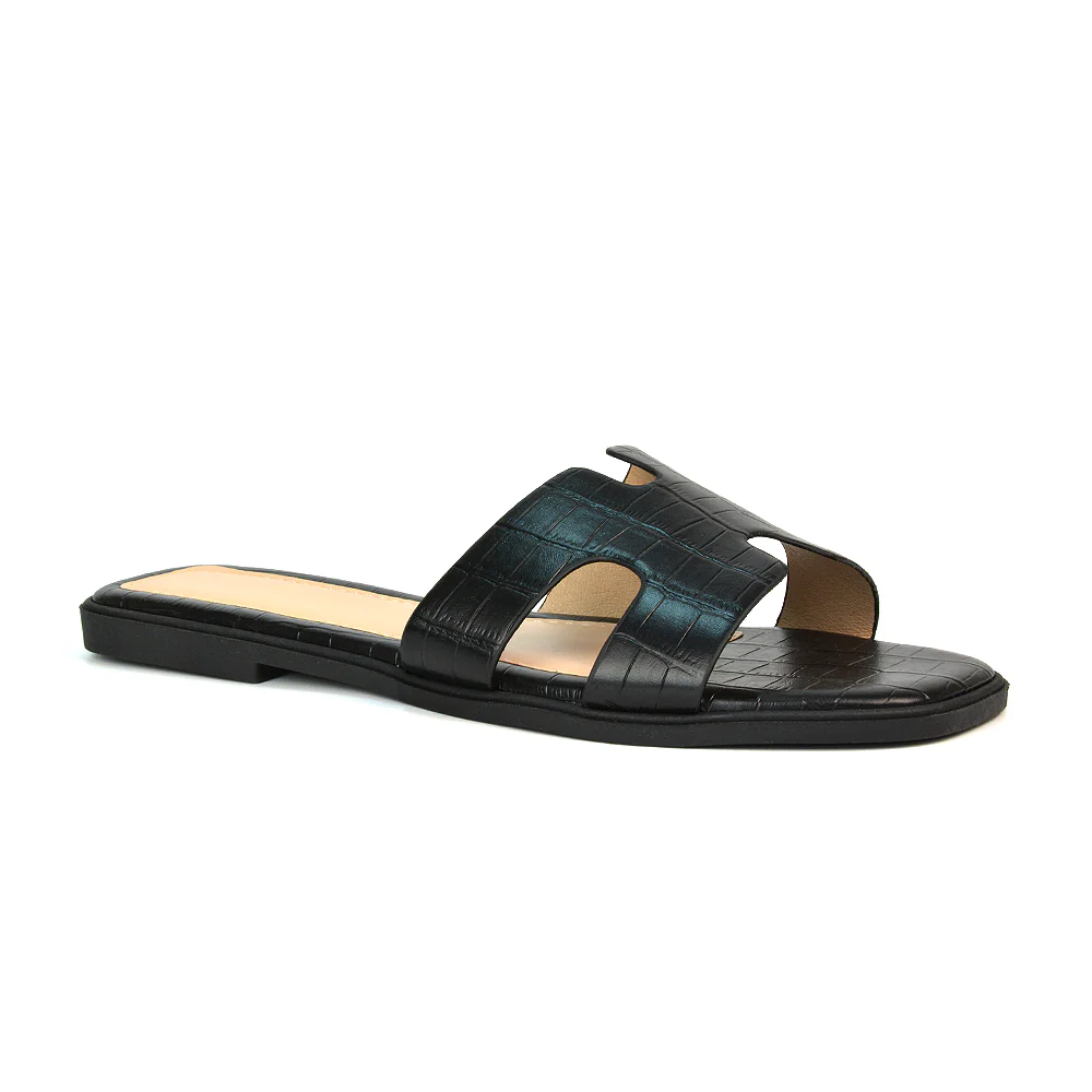 Leanna Cut Out Slip On Flat Sandals Sliders in Black Croc - Image 6