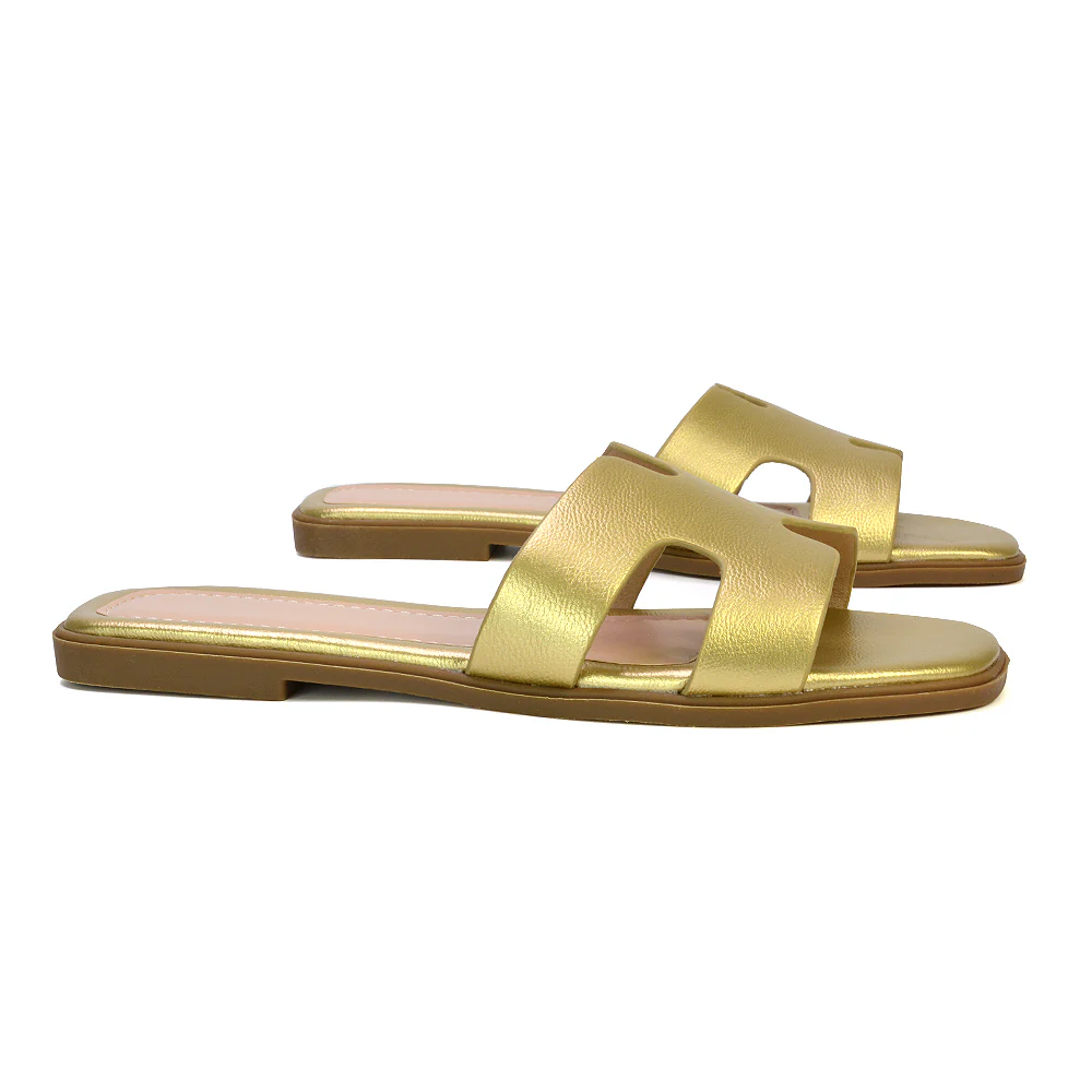 Leanna Cut Out Slip On Flat Sandals Sliders in Black - Image 61