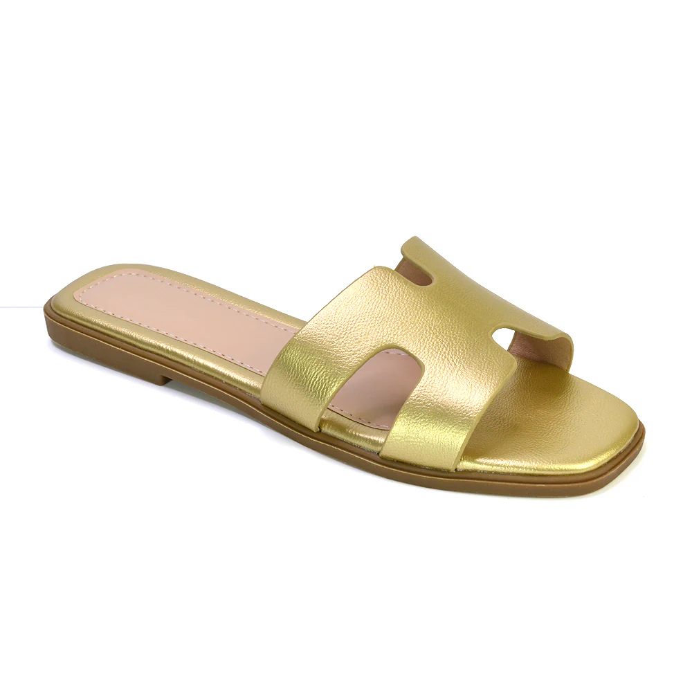 Leanna Cut Out Slip On Flat Sandals Sliders in Black - Image 68