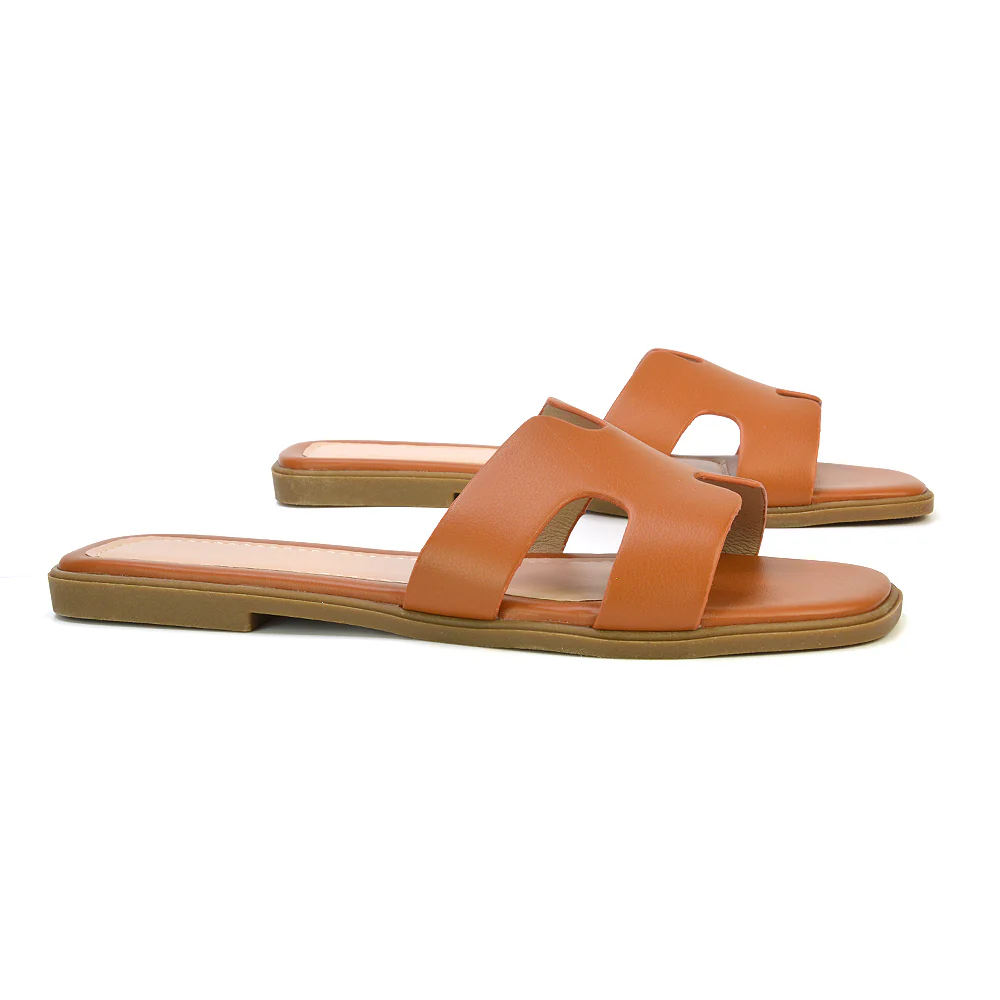 Leanna Cut Out Slip On Flat Sandals Sliders in Gold - Image 103