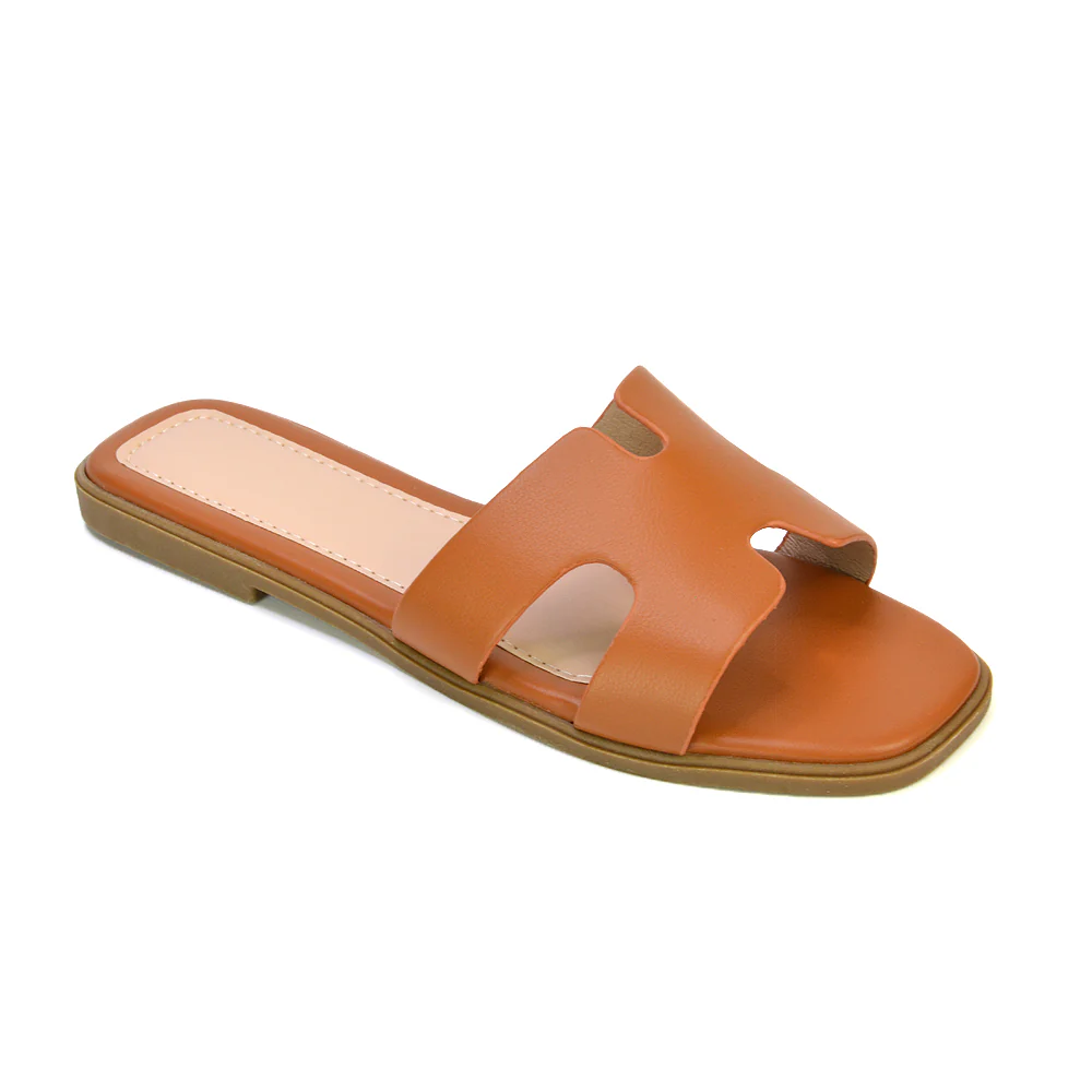 Leanna Cut Out Slip On Flat Sandals Sliders in Gold - Image 110