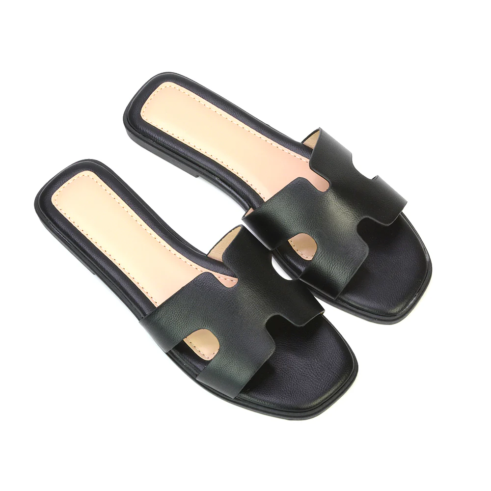 Leanna Cut Out Slip On Flat Sandals Sliders in Gold - Image 143