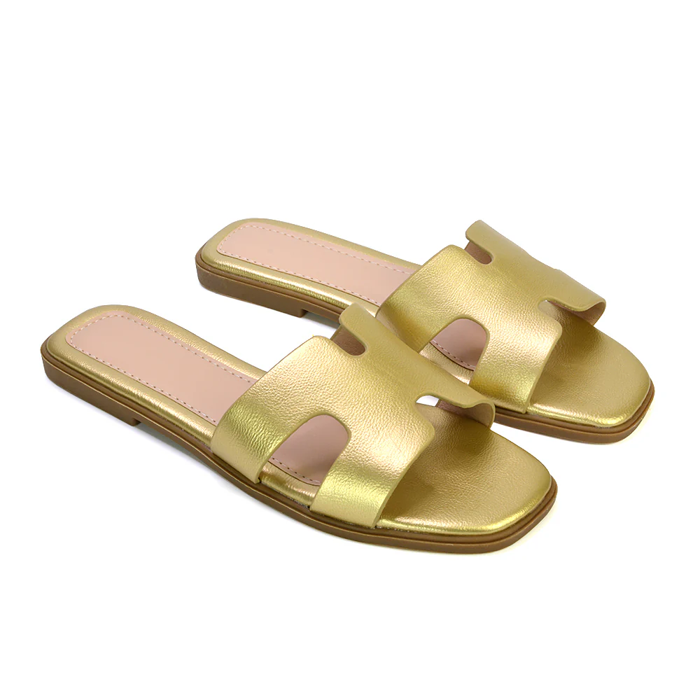 Leanna Cut Out Slip On Flat Sandals Sliders in Gold - Image 64